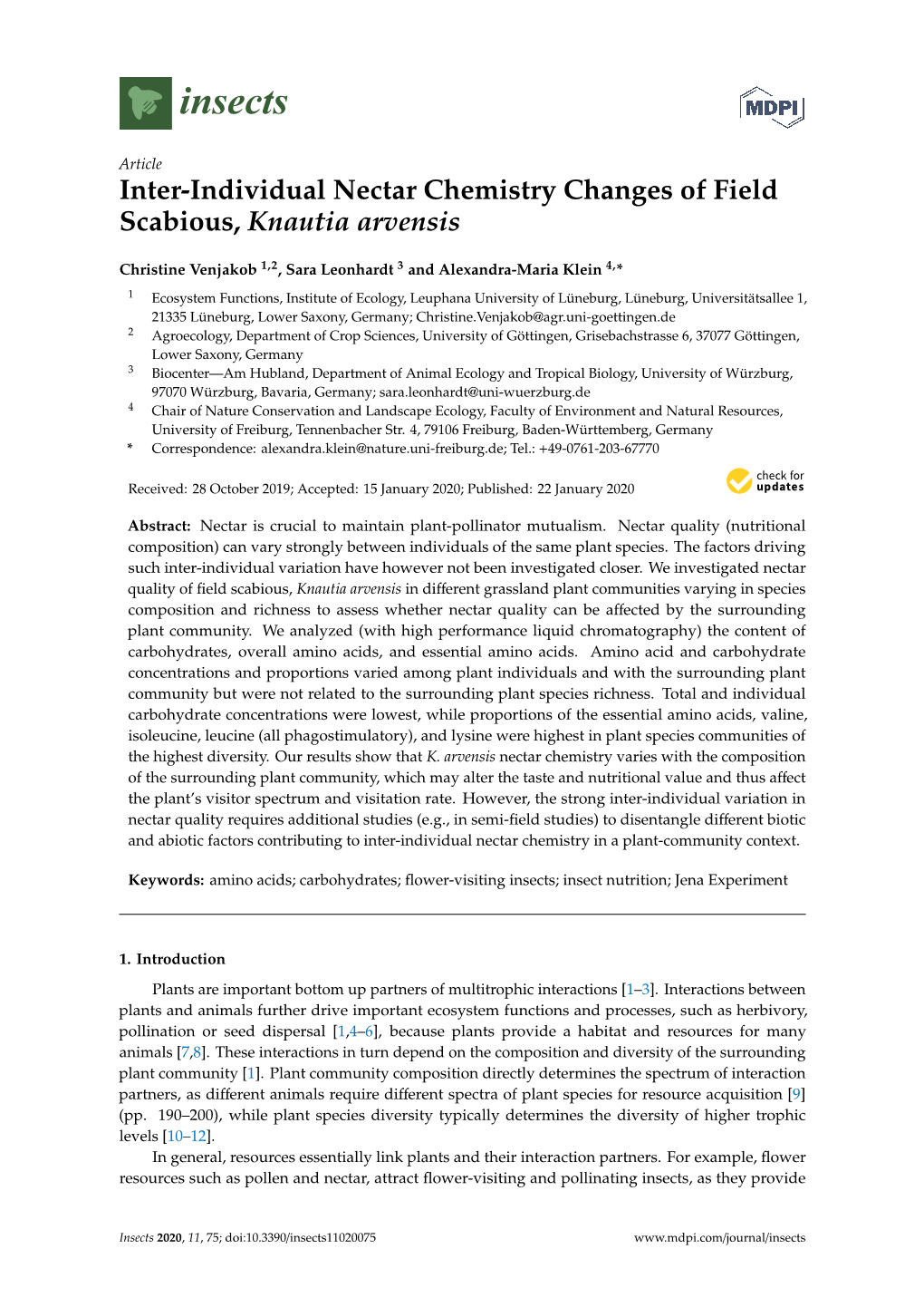 Inter-Individual Nectar Chemistry Changes of Field Scabious, Knautia Arvensis