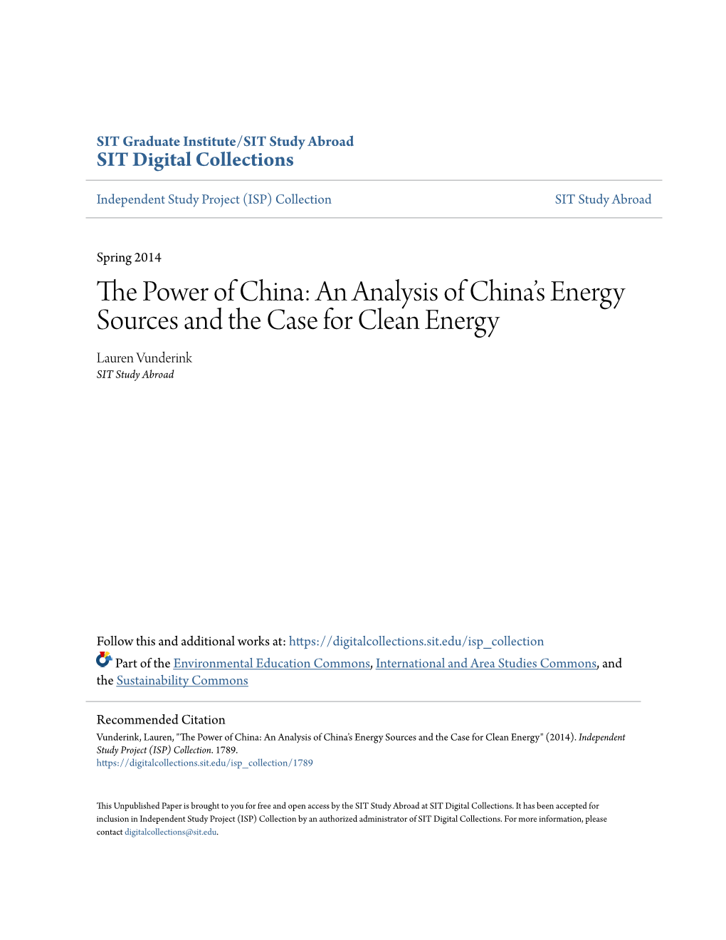 The Power of China: an Analysis of China’S Energy Sources and the Case for Clean Energy