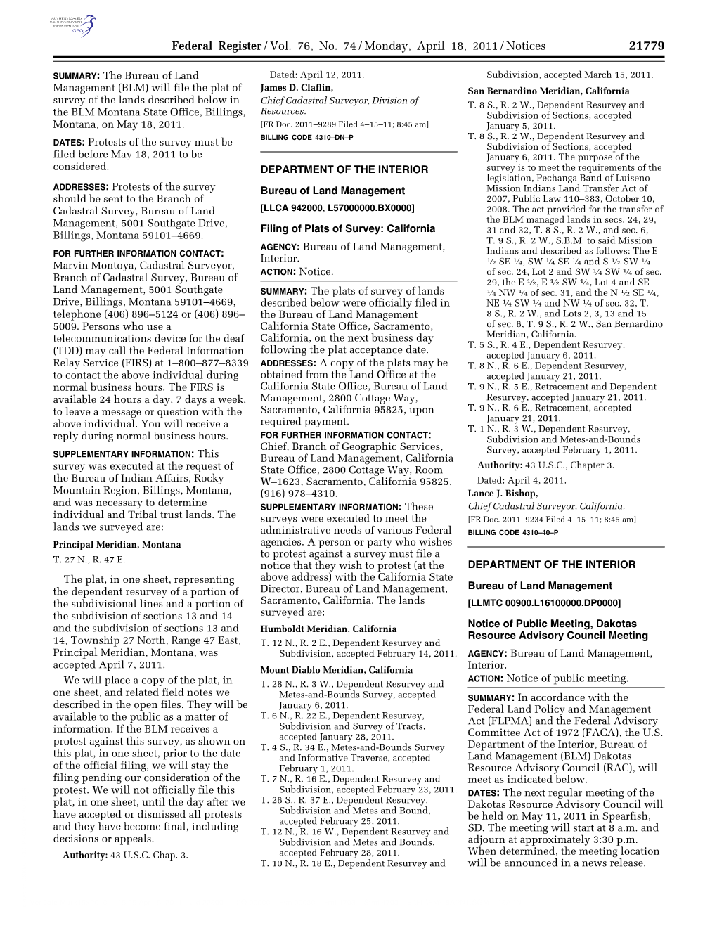 Filing of Plats of Survey: California 31 and 32, T