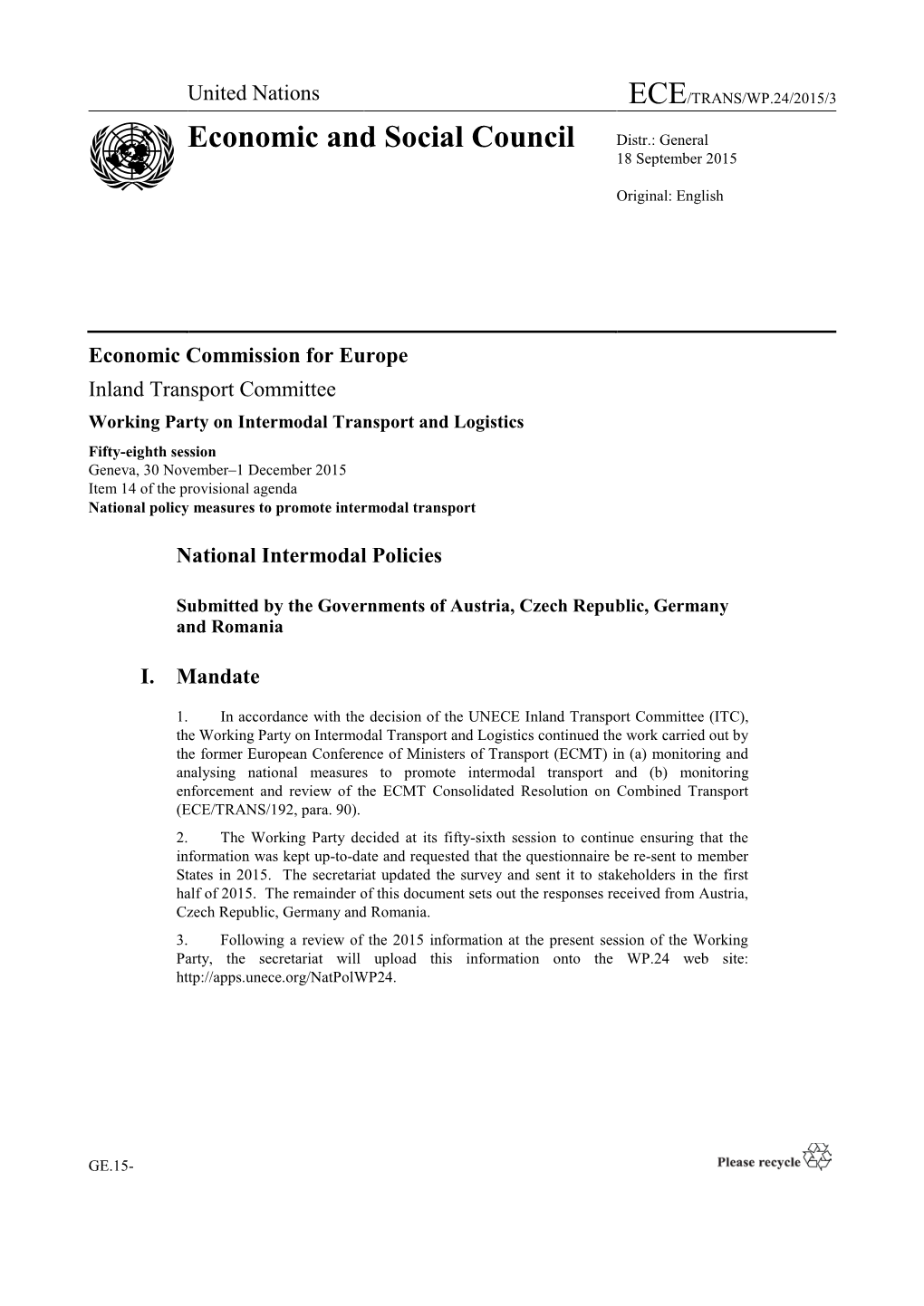 United Nations ECE/TRANS/WP.24/2015/3 Economic and Social Council Distr.: General 18 September 2015