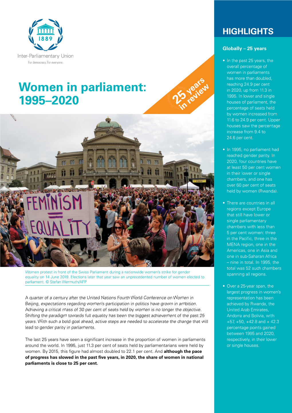 Women in Parliaments Has More Than Doubled, Reaching 24.9 Per Cent Women in Parliament: Years in 2020, up from 11.3 in 1995