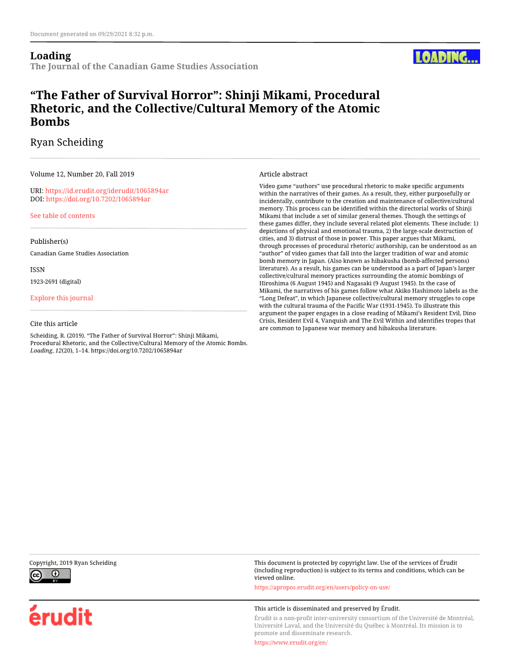 “The Father of Survival Horror”: Shinji Mikami, Procedural Rhetoric, and the Collective/Cultural Memory of the Atomic Bombs Ryan Scheiding