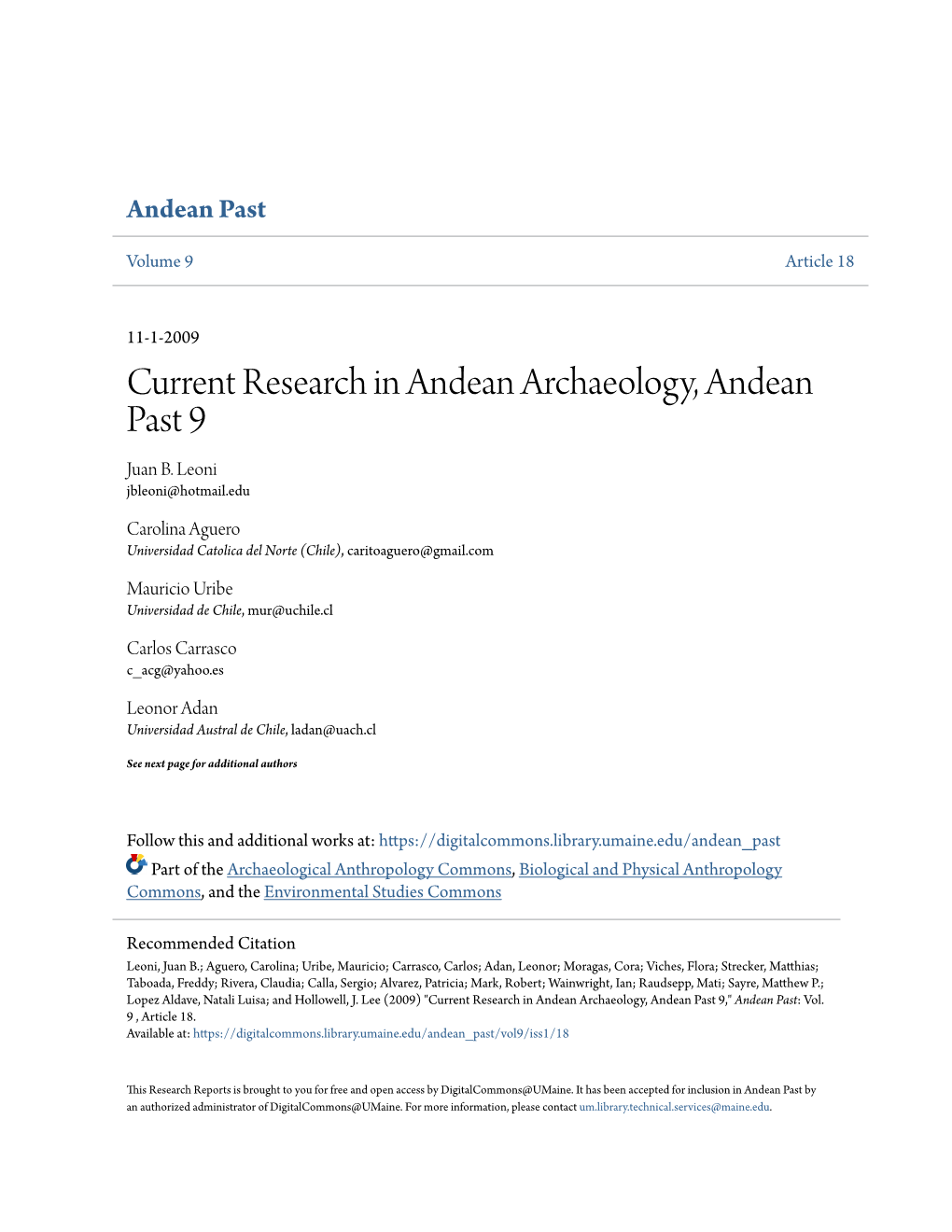 Current Research in Andean Archaeology, Andean Past 9 Juan B