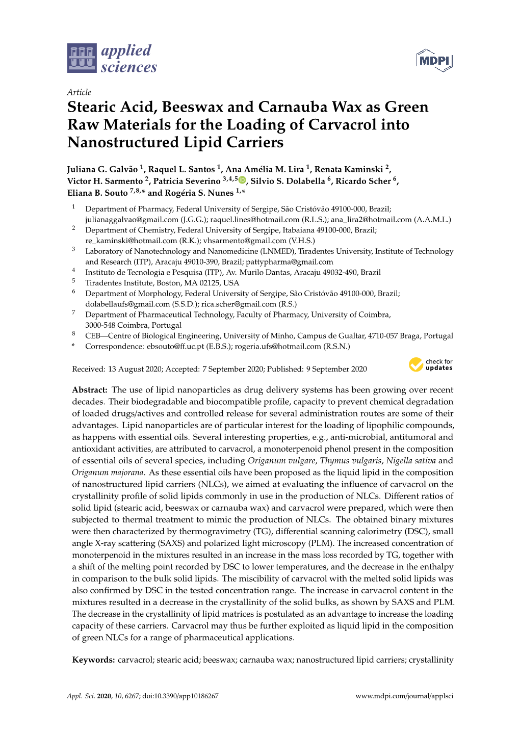 Stearic Acid, Beeswax and Carnauba Wax As Green Raw Materials for the Loading of Carvacrol Into Nanostructured Lipid Carriers