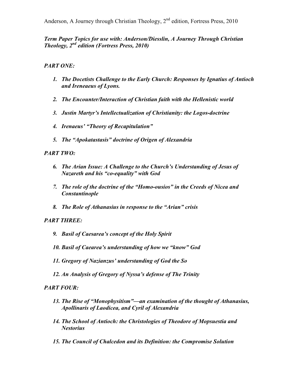 Term Paper Topics for Use With: Anderson/Diesslin, a Journey Through Christian Theology, 2Nd Edition (Fortress Press, 2010)