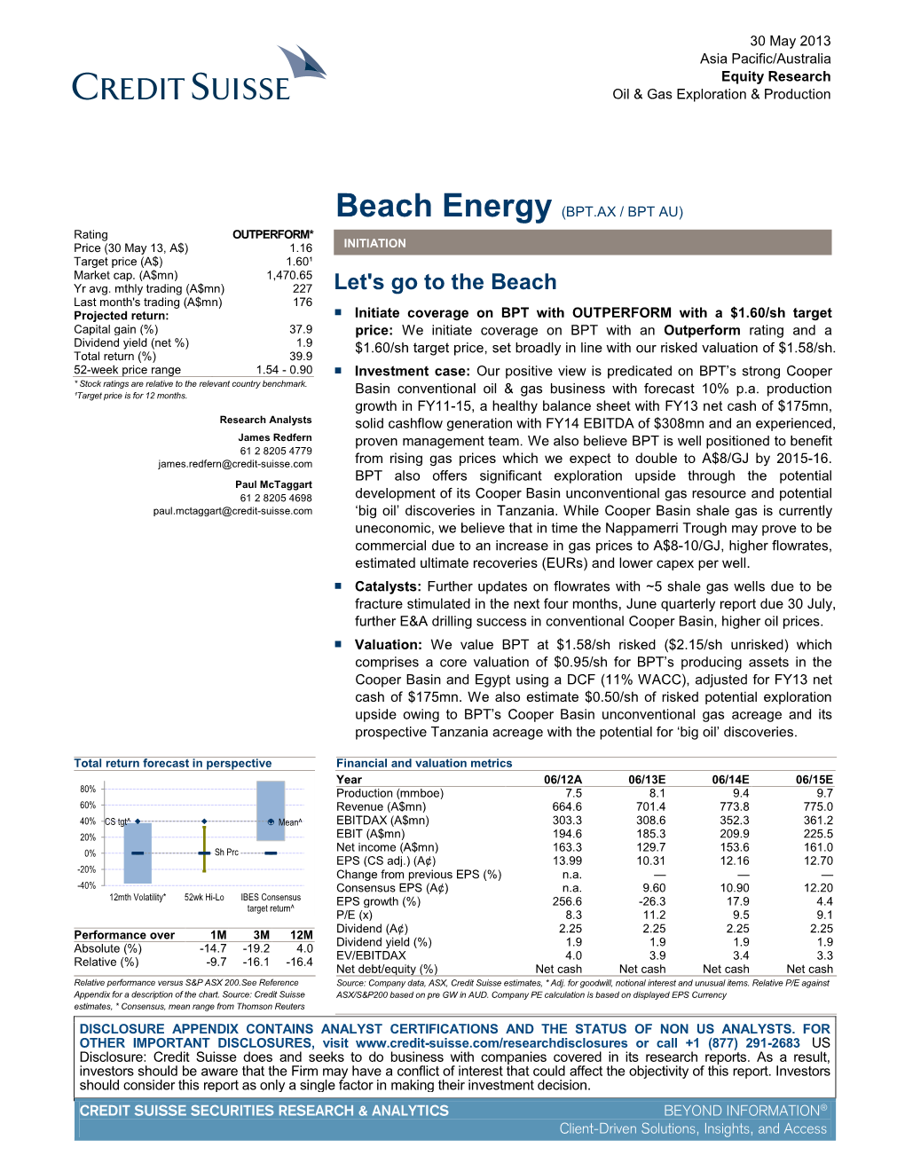 Beach Energy (BPT.AX / BPT AU) Rating OUTPERFORM* Price (30 May 13, A$) 1.16 INITIATION