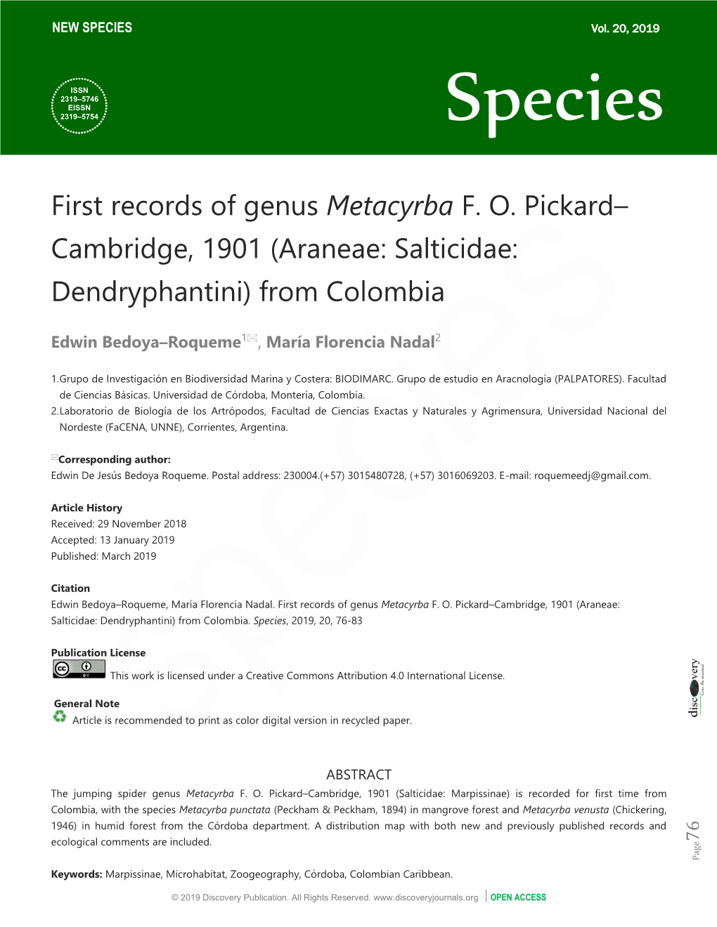 First Records of Genus Metacyrba FO Pickard– Cambridge, 1901