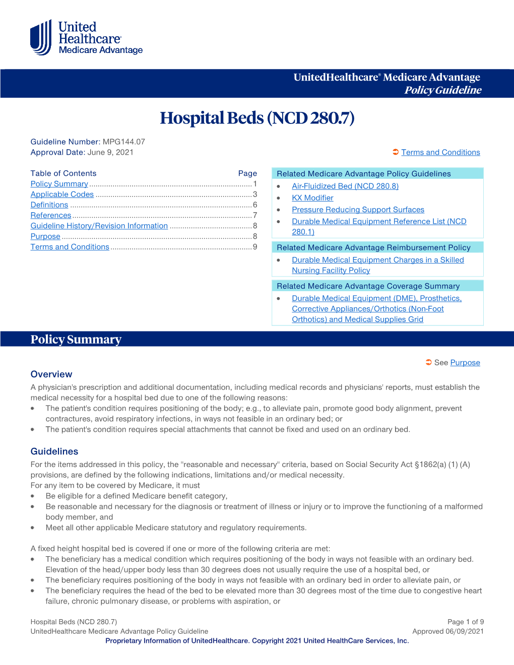Hospital Beds (NCD 280.7) – Medicare Advantage Policy Guideline
