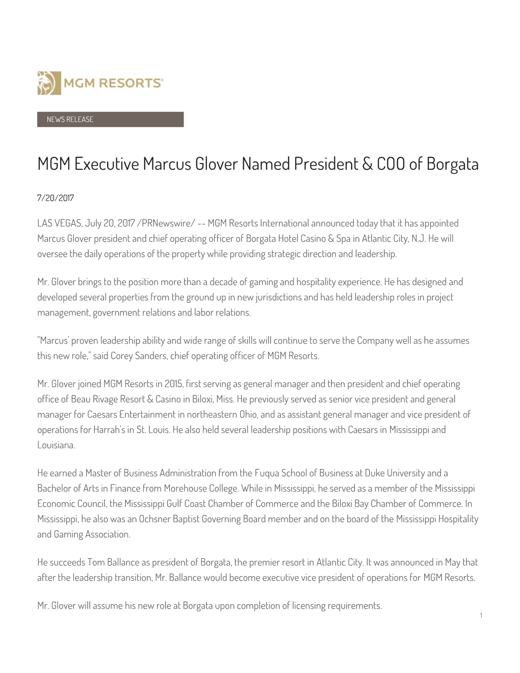 MGM Executive Marcus Glover Named President & COO of Borgata