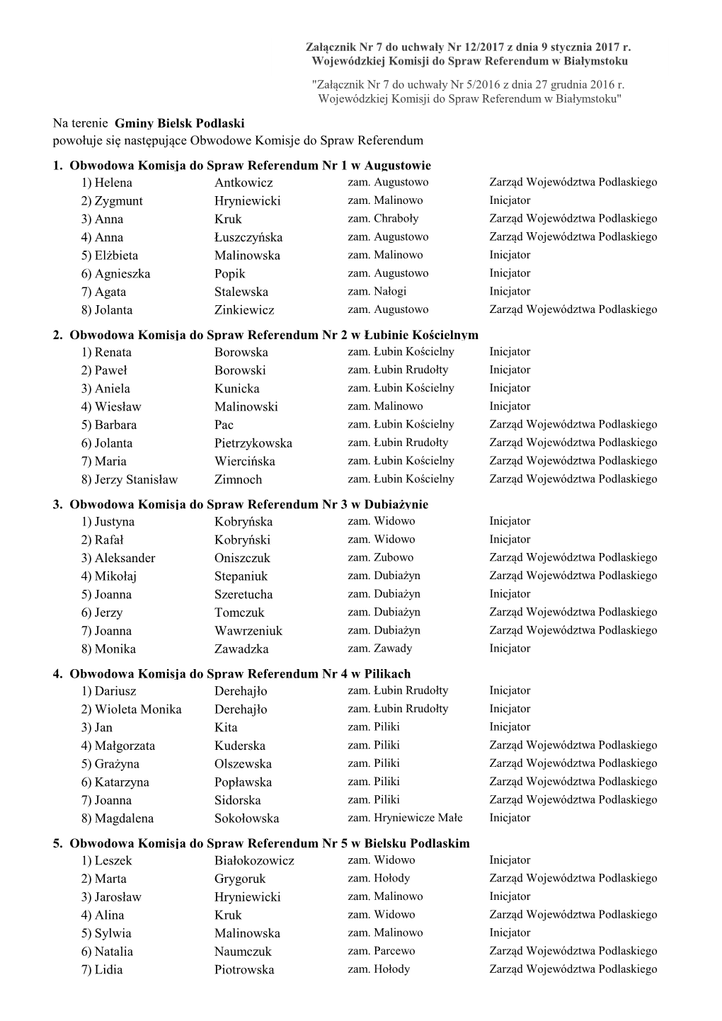Na Terenie Powołuje Się Następujące Obwodowe Komisje Do Spraw Referendum Gminy Bielsk Podlaski 1. Obwodowa Komisja Do Spraw