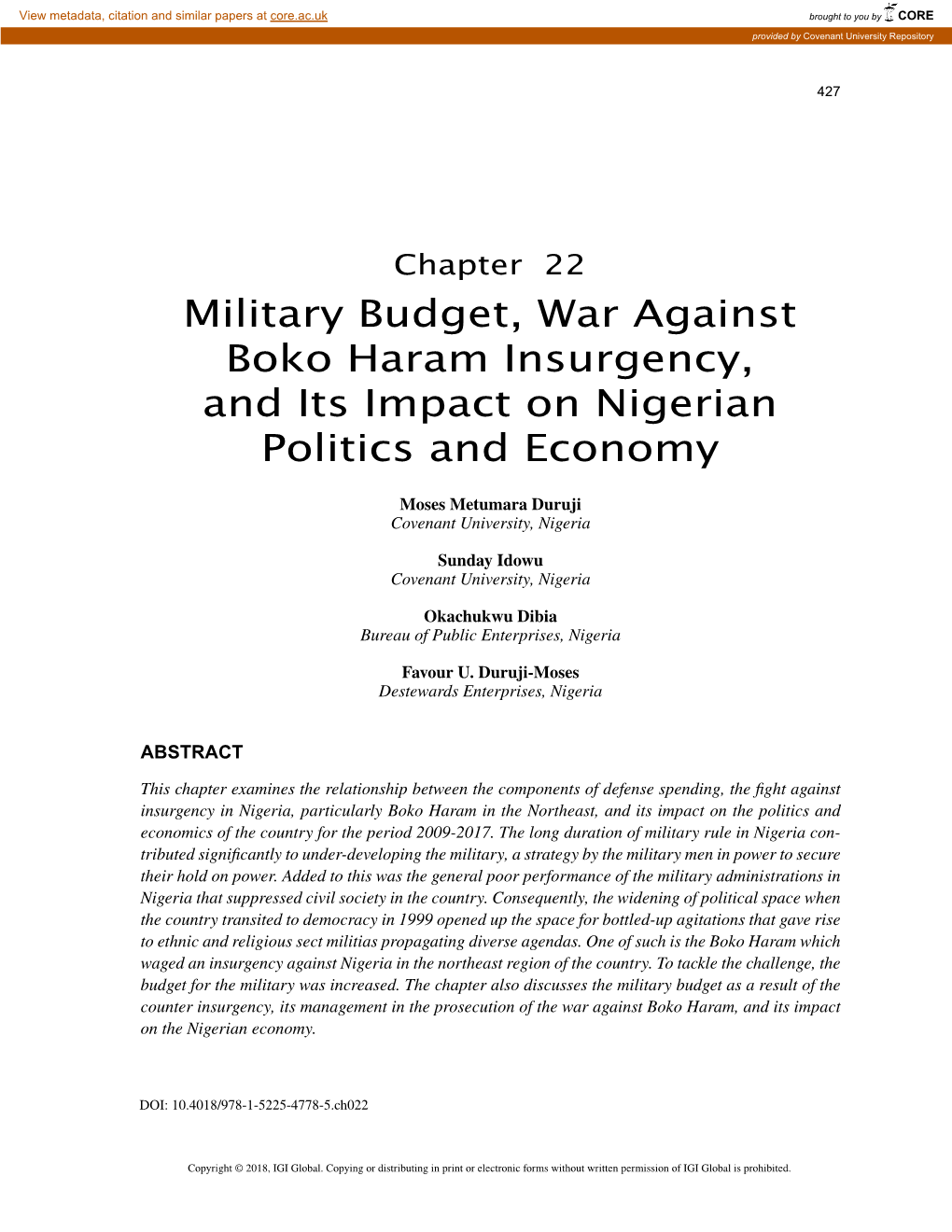 Military Budget, War Against Boko Haram Insurgency, and Its Impact on Nigerian Politics and Economy