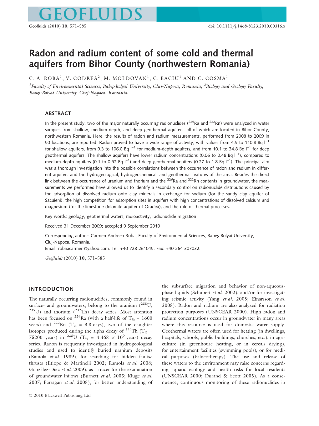 Radon and Radium Content of Some Cold and Thermal Aquifers from Bihor County (Northwestern Romania)