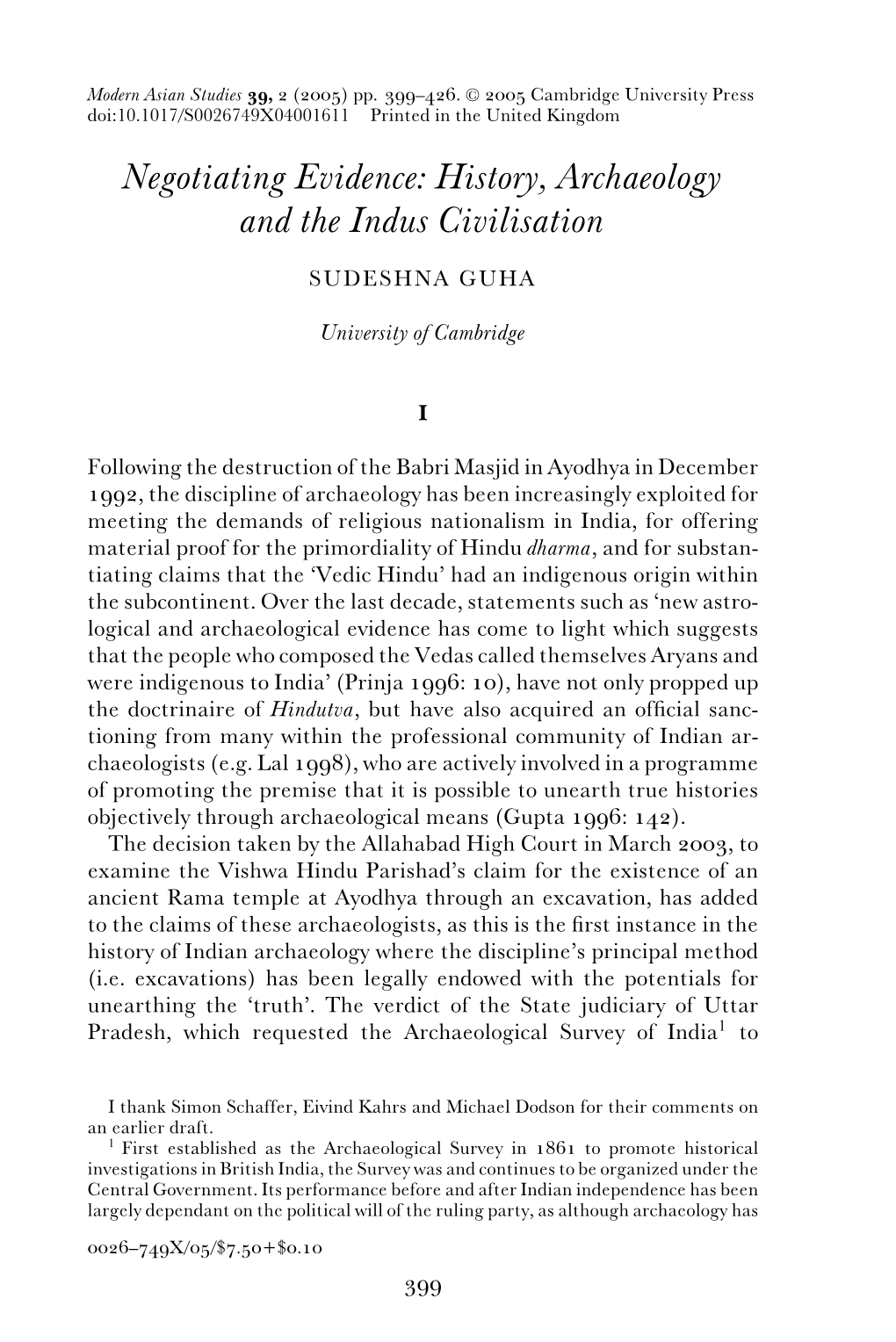 Negotiating Evidence: History, Archaeology and the Indus Civilisation