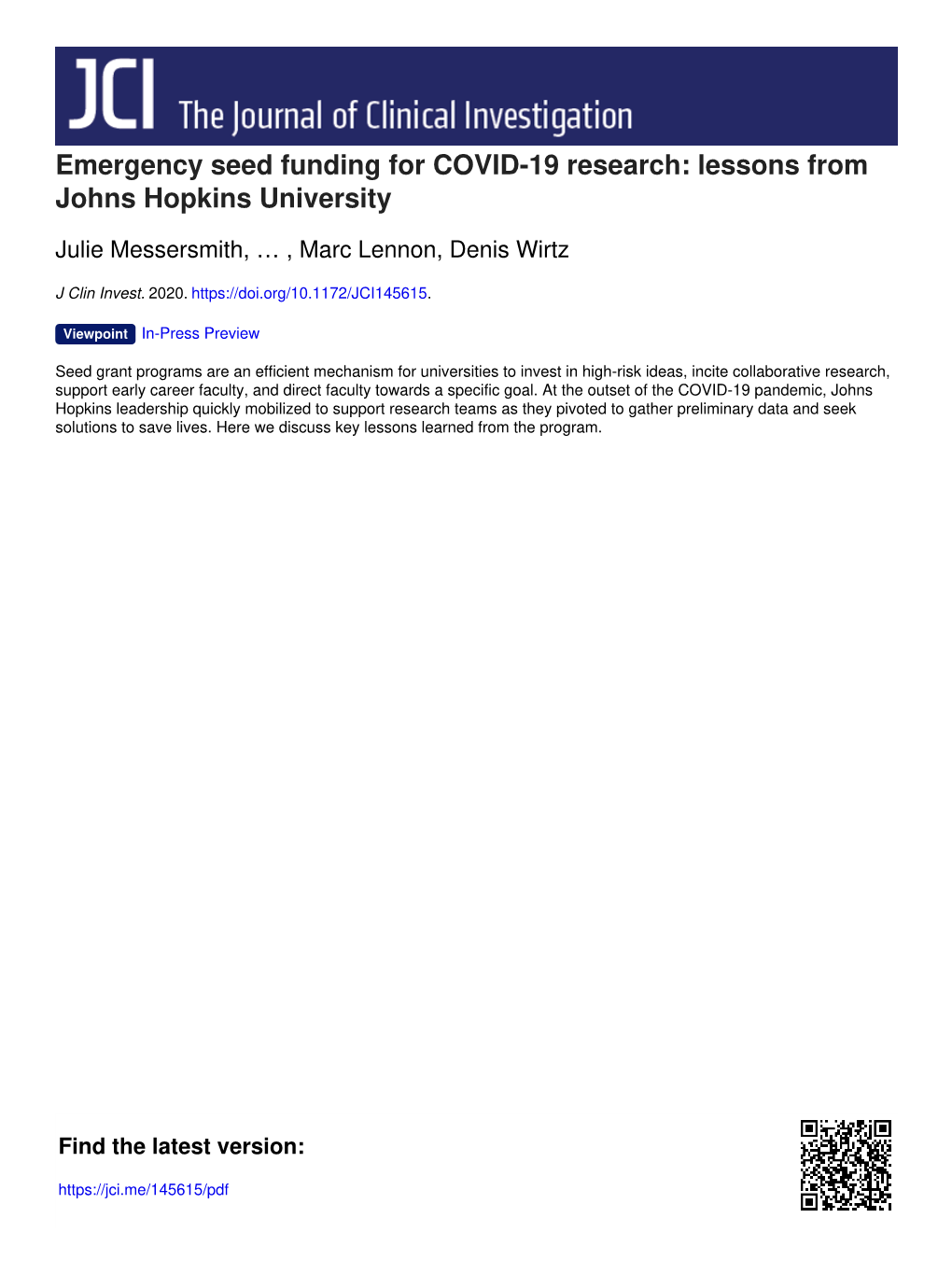 Lessons from Johns Hopkins University