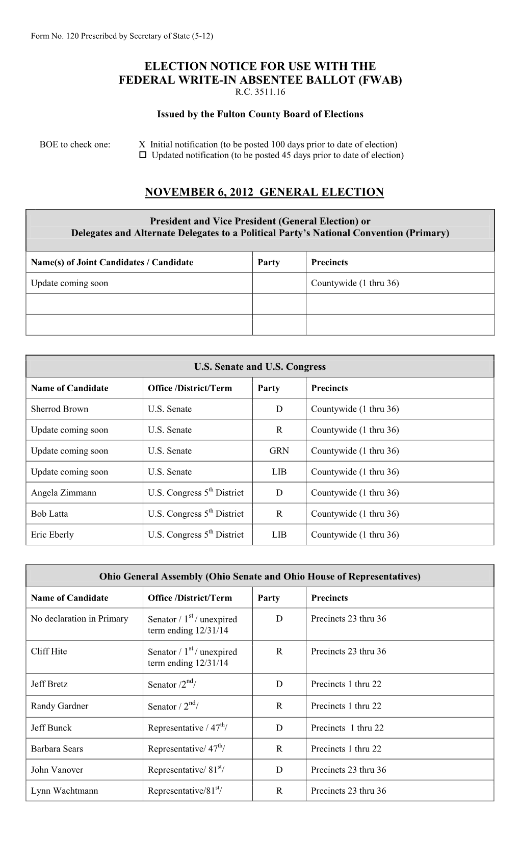 Election Notice for Use with the Federal Write-In Absentee Ballot (Fwab) R.C