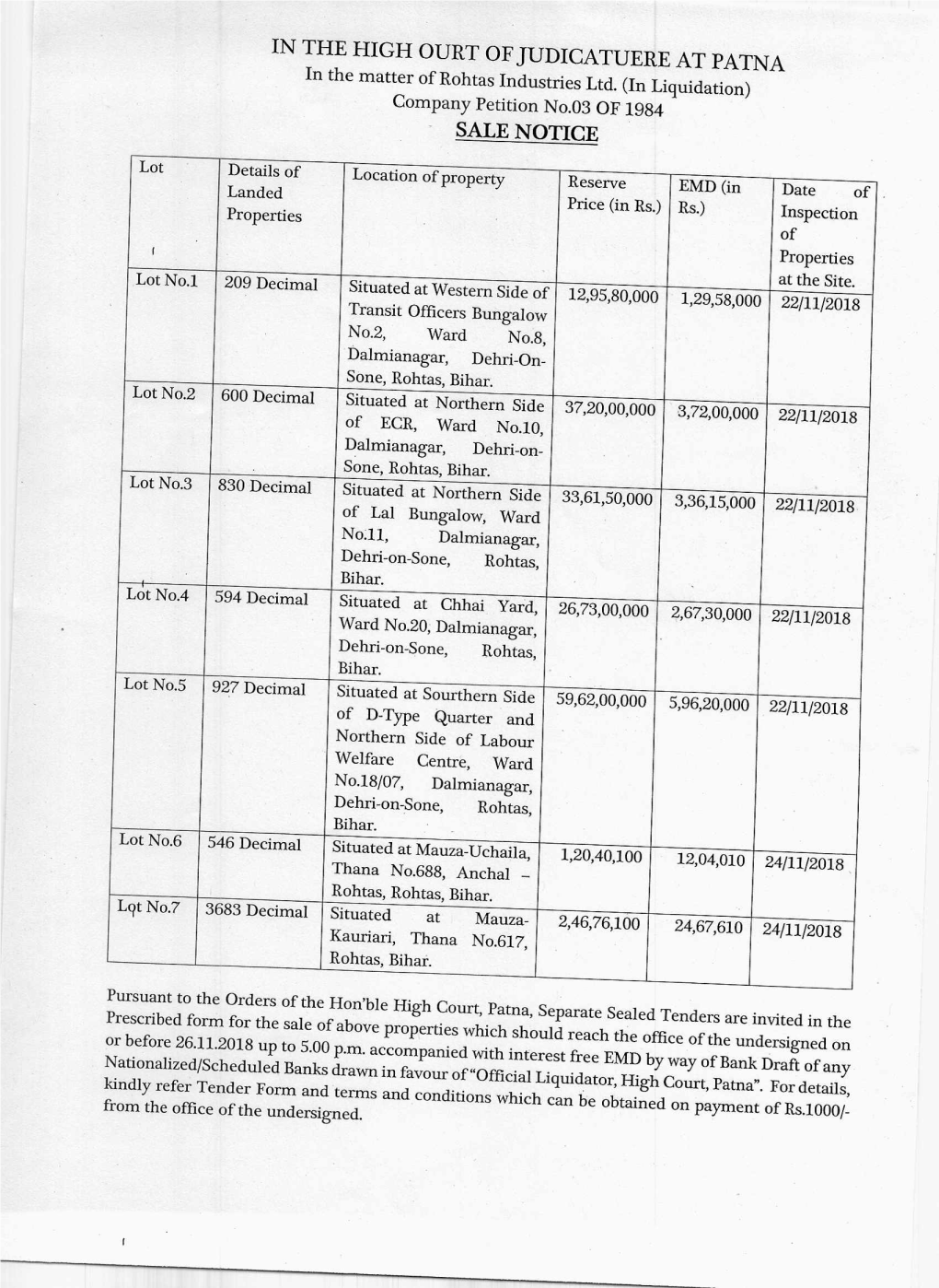 Sale Notice in the Matter of Rohtas Industries Ltd