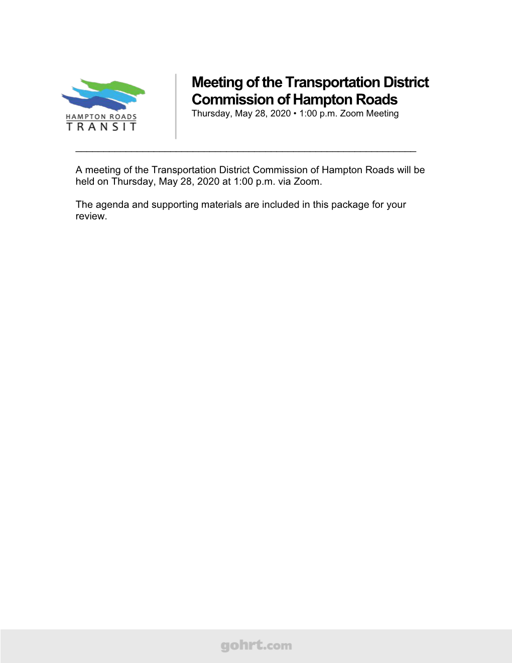 Meeting of the Transportation District Commission of Hampton Roads Thursday, May 28, 2020 • 1:00 P.M