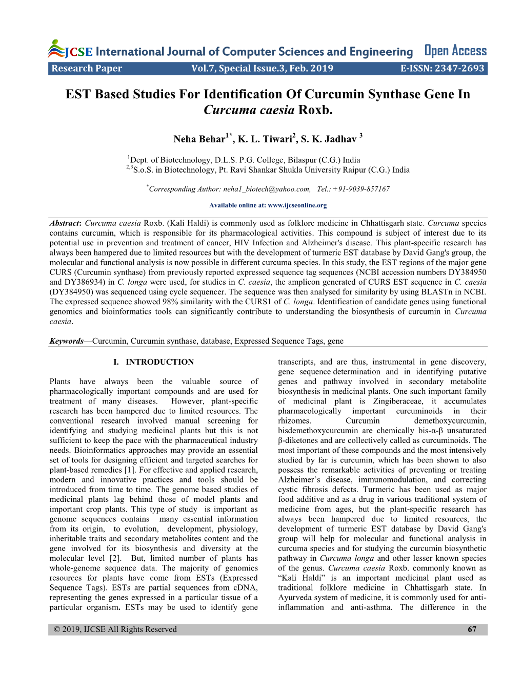 EST Based Studies for Identification of Curcumin Synthase Gene in Curcuma Caesia Roxb