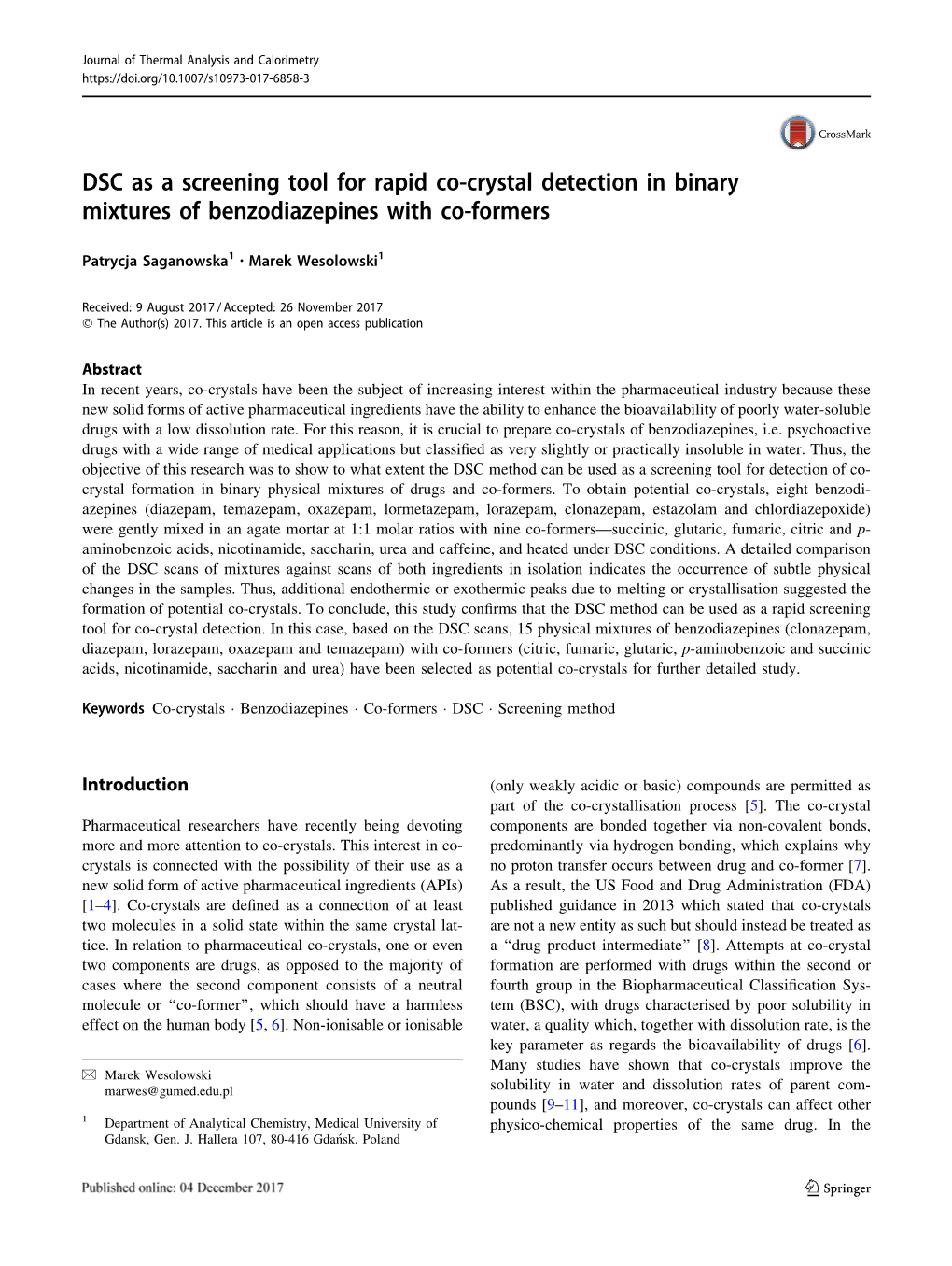 DSC As a Screening Tool for Rapid Co-Crystal Detection in Binary Mixtures of Benzodiazepines with Co-Formers