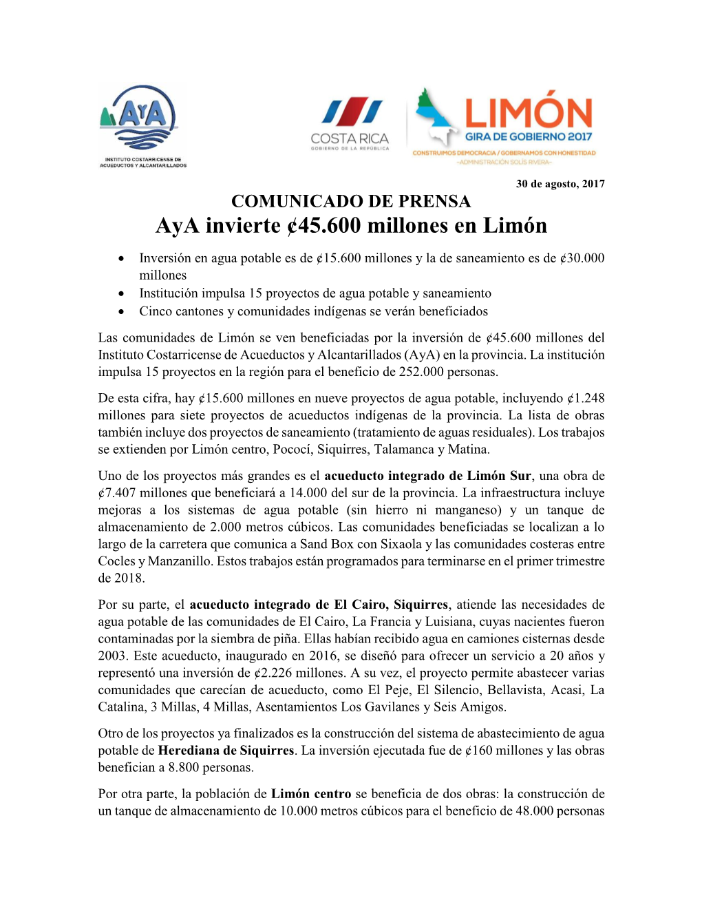 Aya Invierte ¢45.600 Millones En Limón