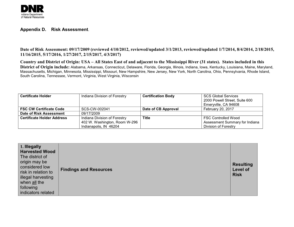 Indiana Division of Forestry Controlled Wood Risk Assessment