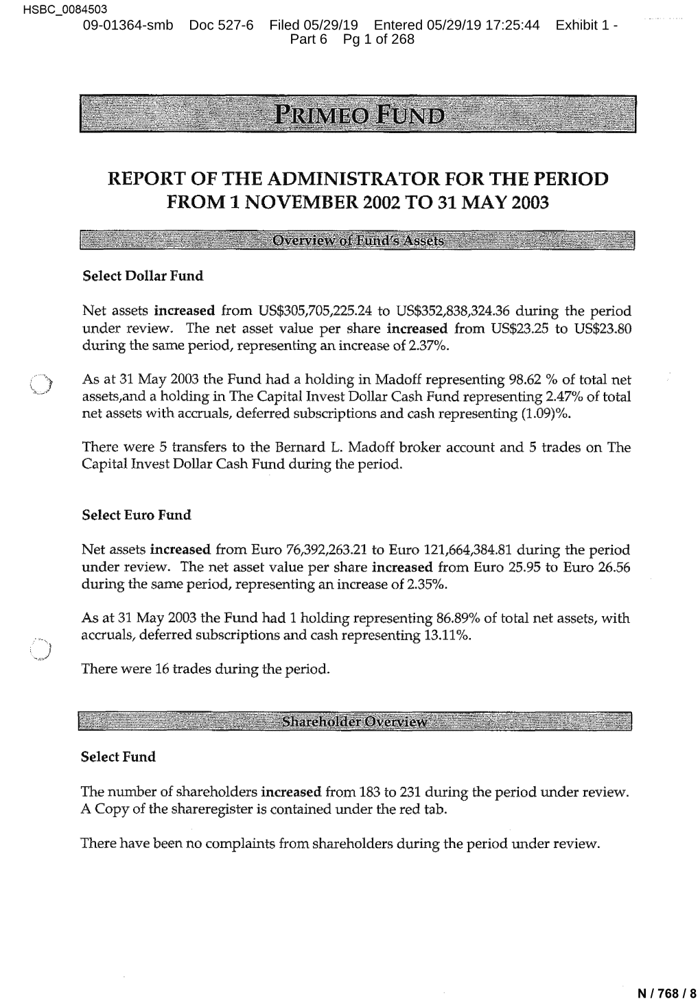 Report of the Administrator for the Period from 1 November 2002 to 31 May 2003
