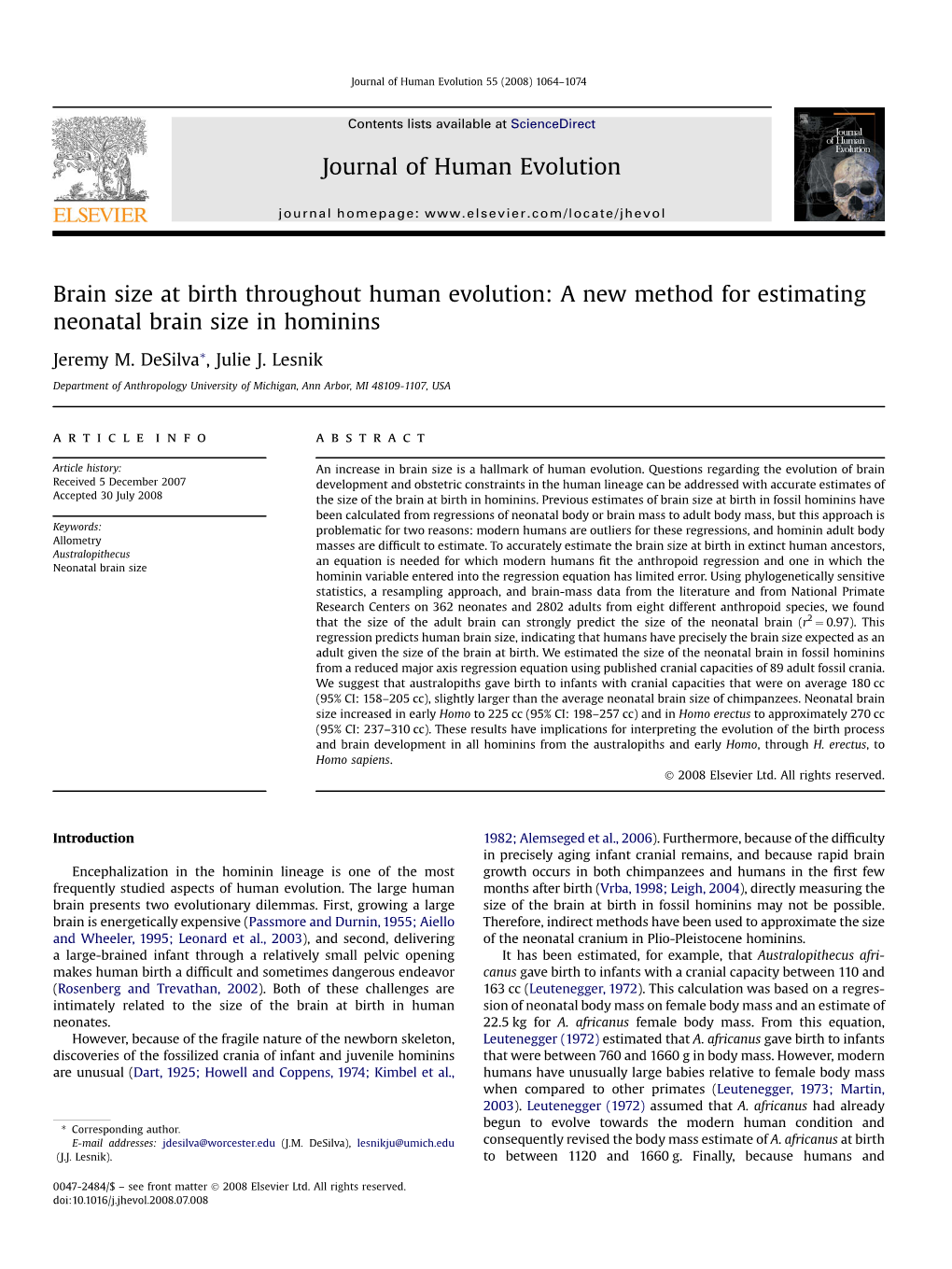 Brain Size at Birth Throughout Human Evolution: a New Method for Estimating Neonatal Brain Size in Hominins