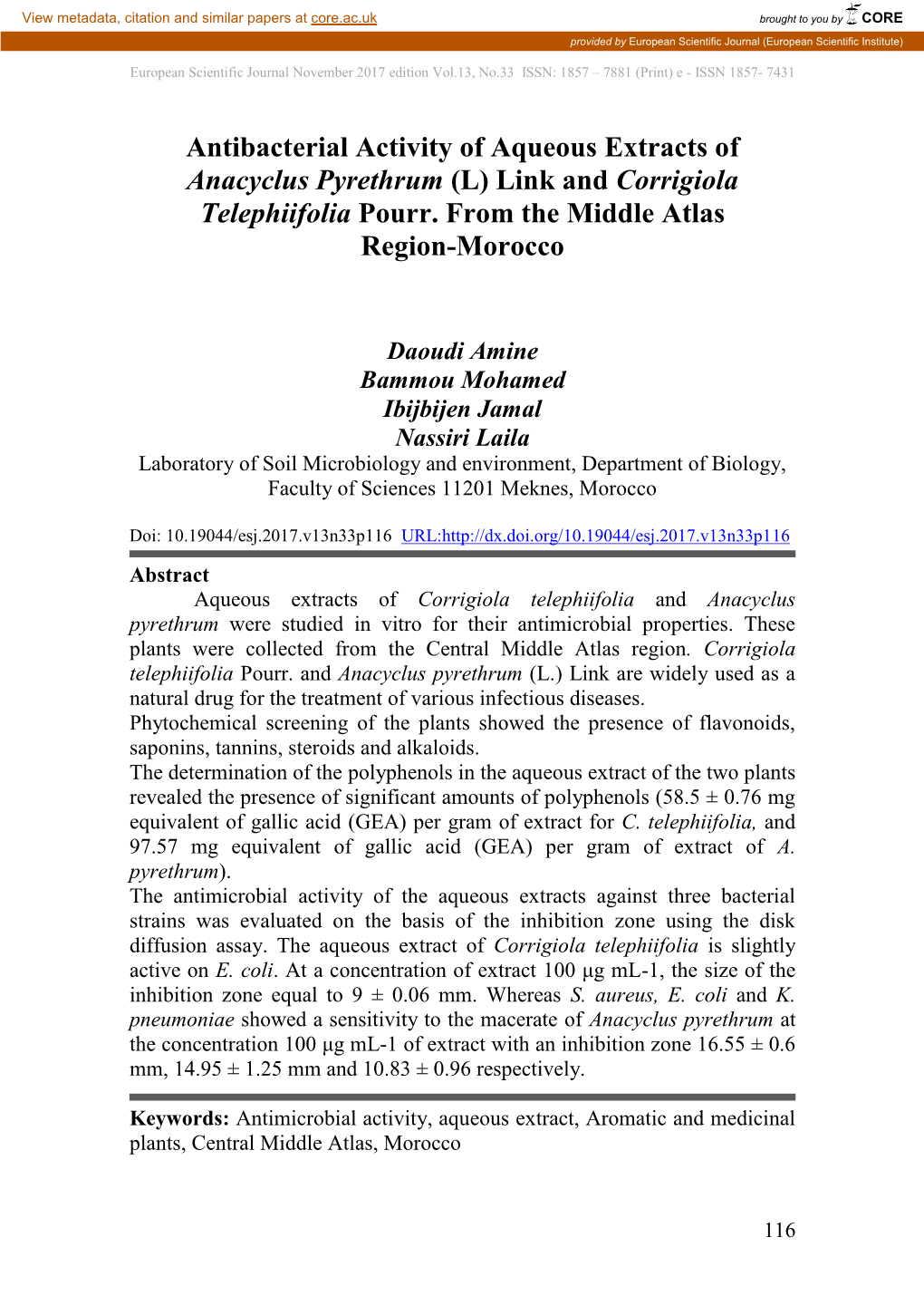 Antibacterial Activity of Aqueous Extracts of Anacyclus Pyrethrum (L) Link and Corrigiola Telephiifolia Pourr