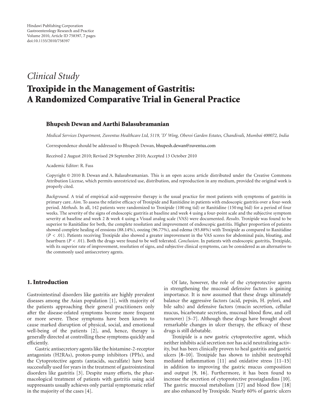Clinical Study Troxipide in the Management of Gastritis: a Randomized Comparative Trial in General Practice
