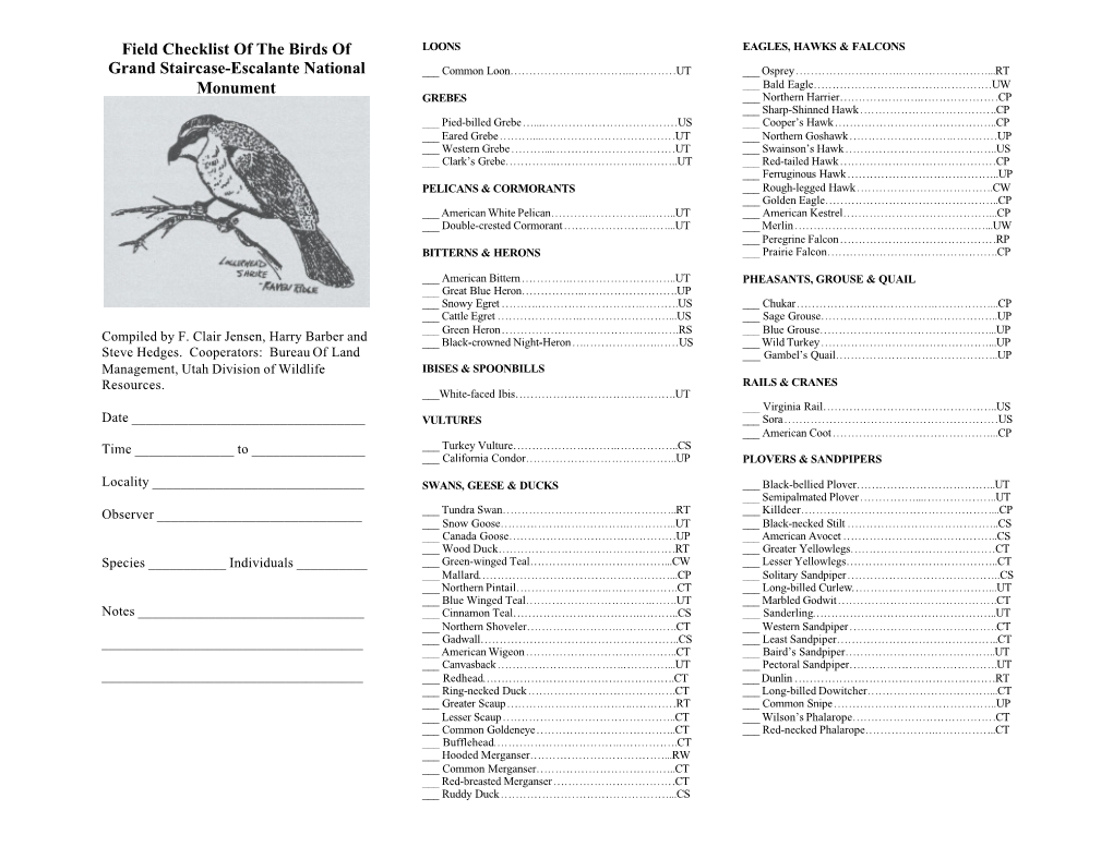 Field Checklist of the Birds of Grand Staircase-Escalante National