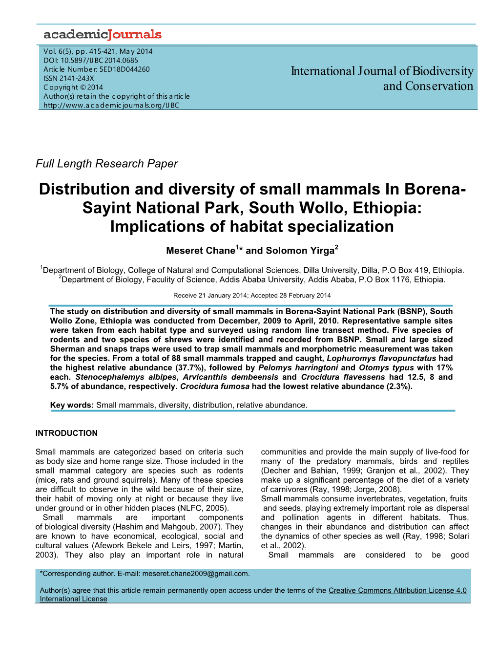 Distribution and Diversity of Small Mammals in Borena- Sayint National Park, South Wollo, Ethiopia: Implications of Habitat Specialization