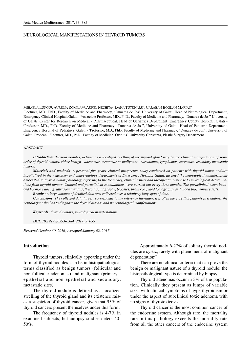 NEUROLOGICAL MANIFESTATIONS in THYROID TUMORS Introduction