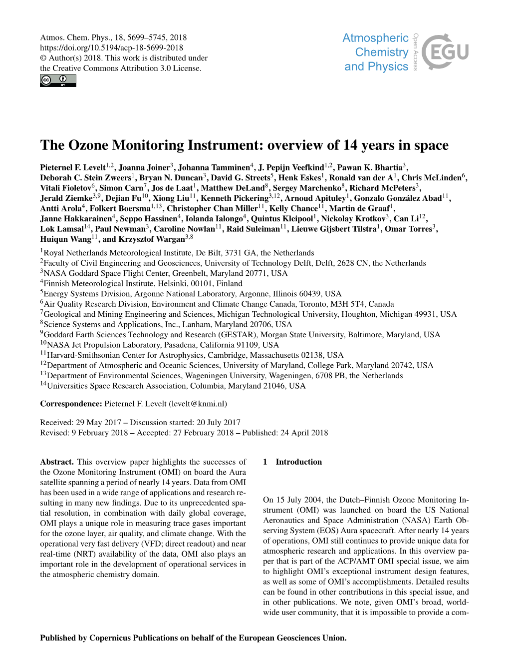 The Ozone Monitoring Instrument: Overview of 14 Years in Space