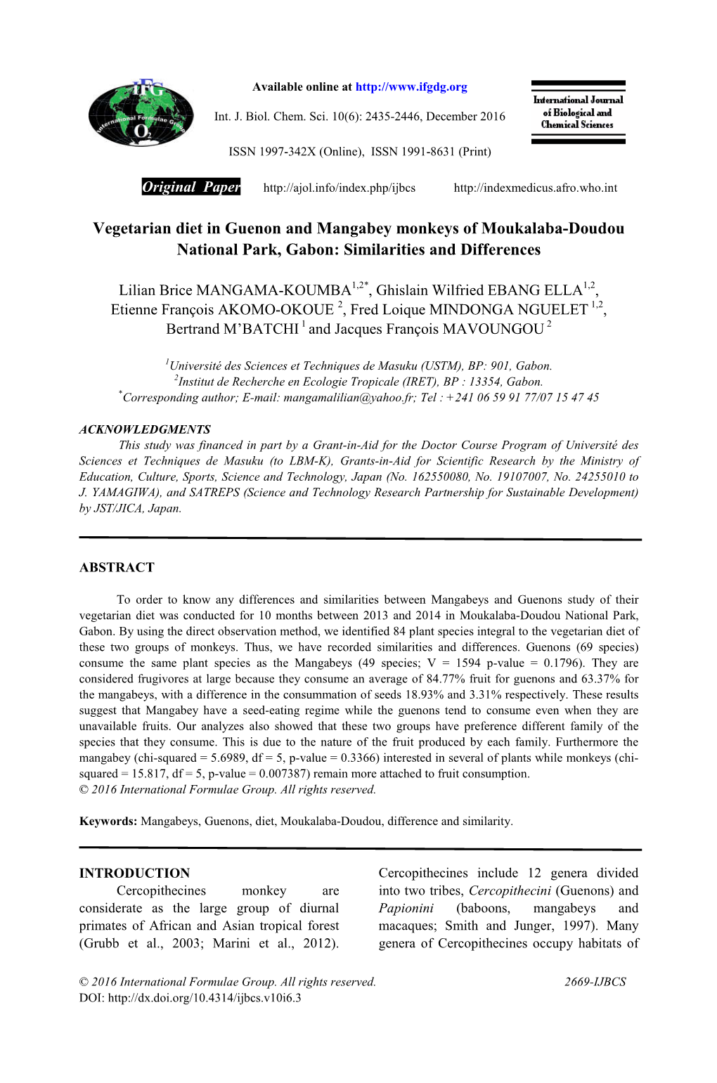 Vegetarian Diet in Guenon and Mangabey Monkeys of Moukalaba-Doudou National Park, Gabon: Similarities and Differences