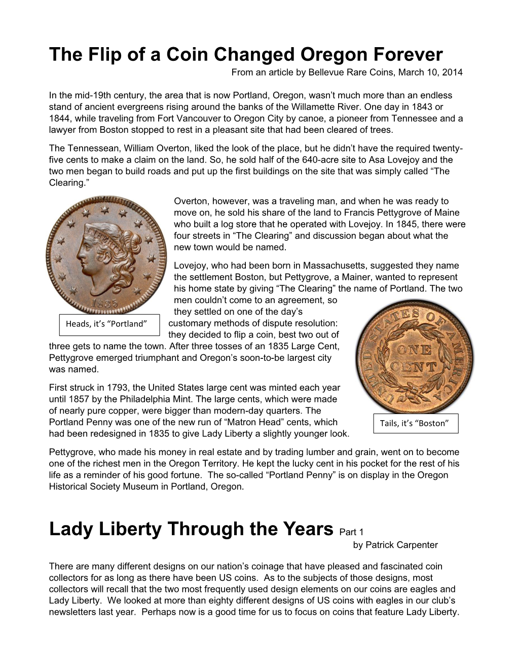 The Flip of a Coin Changed Oregon Forever from an Article by Bellevue Rare Coins, March 10, 2014