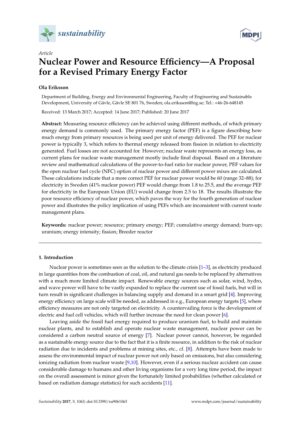 Nuclear Power and Resource Efficiency—A Proposal for A