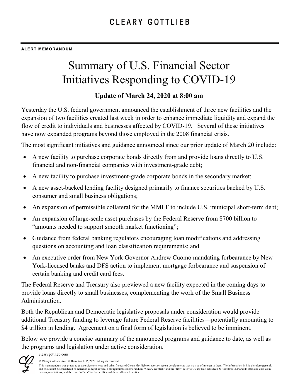 Summary of U.S. Financial Sector Initiatives Responding to COVID-19 Update of March 24, 2020 at 8:00 Am