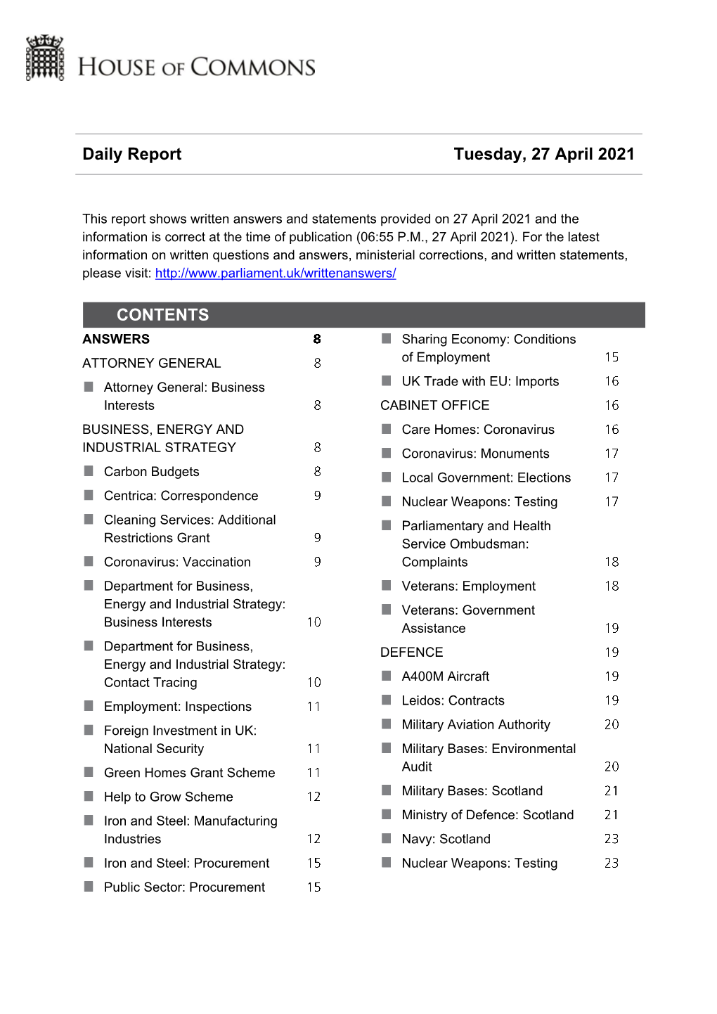 Daily Report Tuesday, 27 April 2021 CONTENTS