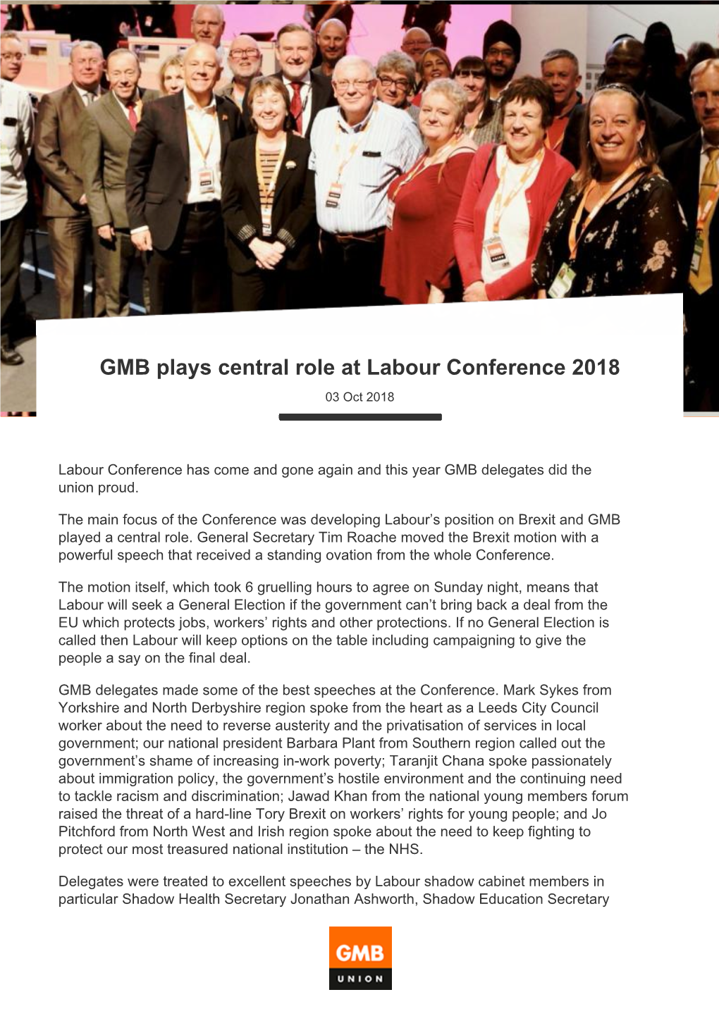 GMB Plays Central Role at Labour Conference 2018 03 Oct 2018