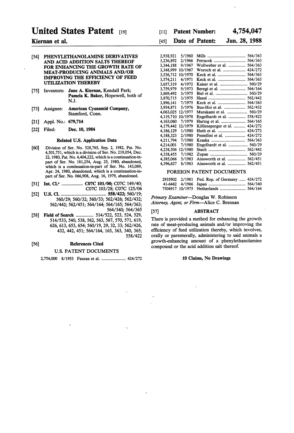 United States Patent (19) 11 Patent Number: 4,754,047 Kiernan Et Al