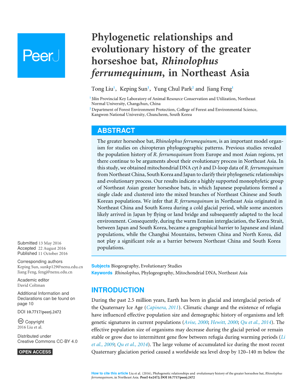 Phylogenetic Relationships and Evolutionary History of the Greater Horseshoe Bat, Rhinolophus Ferrumequinum, in Northeast Asia