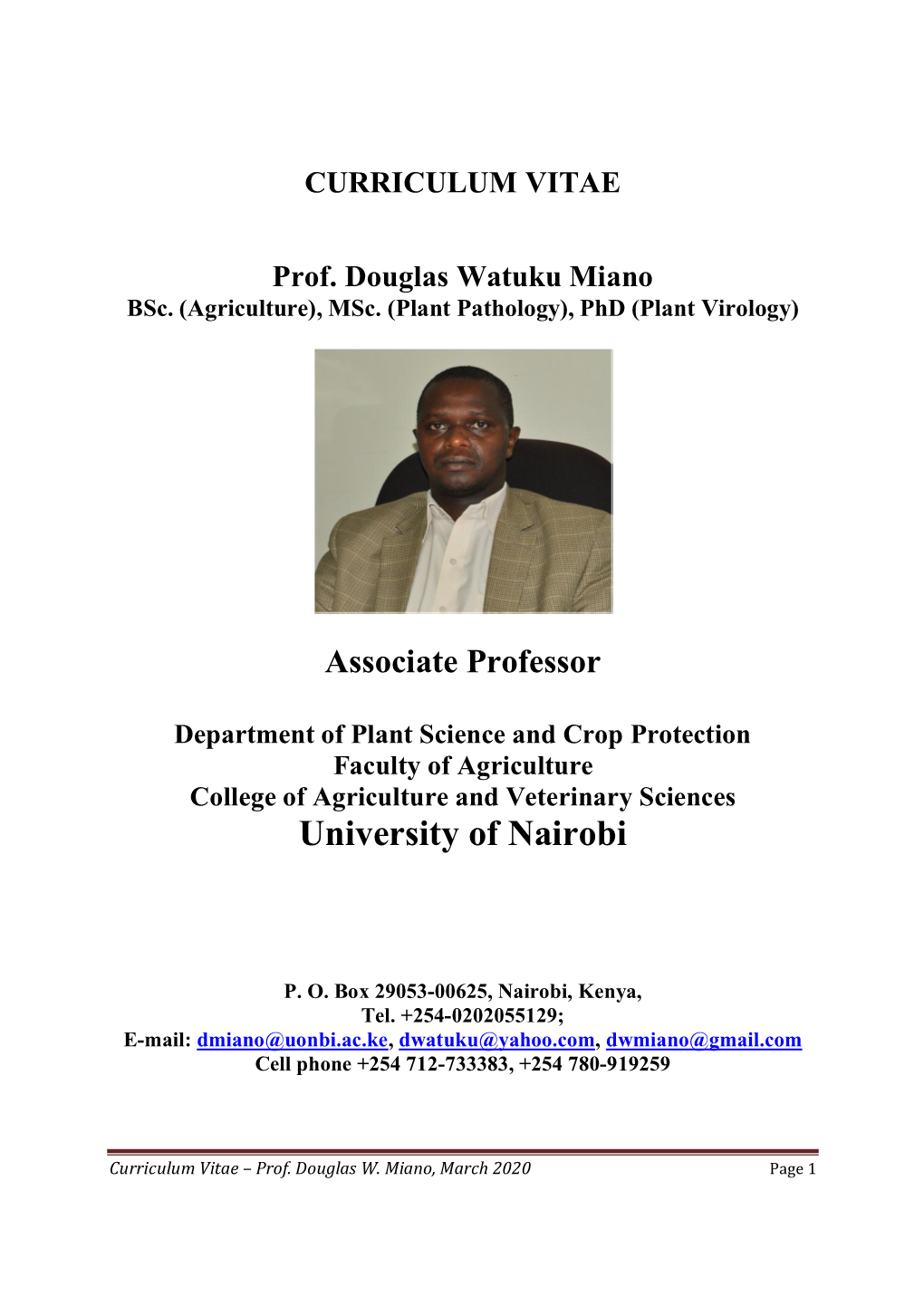 CURRICULUM VITAE Prof. Douglas Watuku Miano