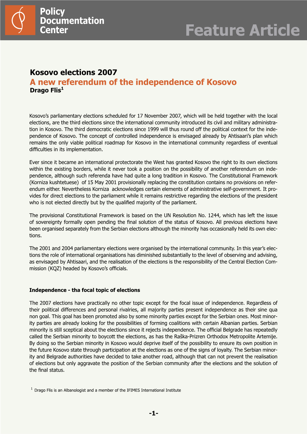 Policy Documentation Center Feature Article Kosovo Elections 2007 A