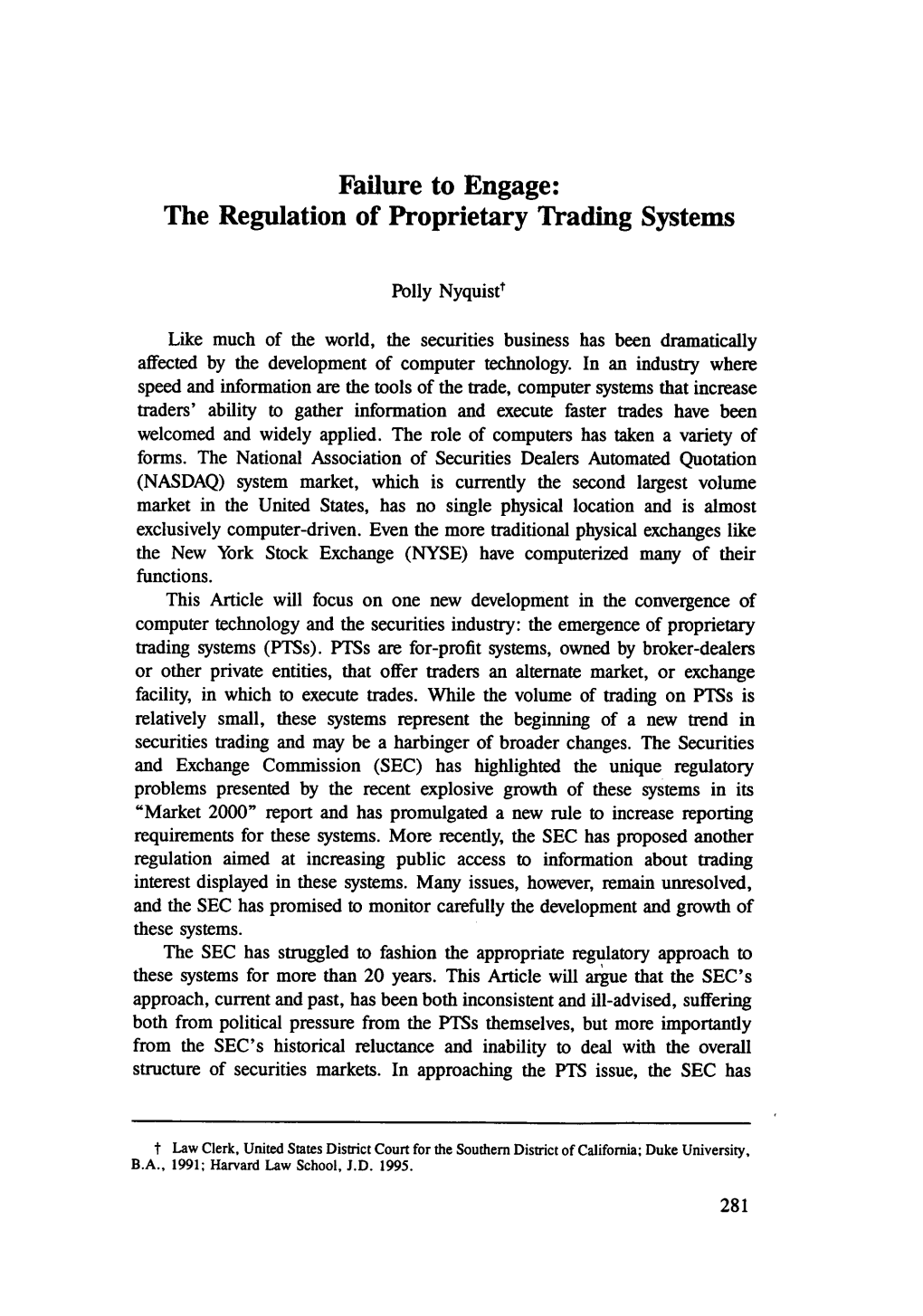 The Regulation of Proprietary Trading Systems