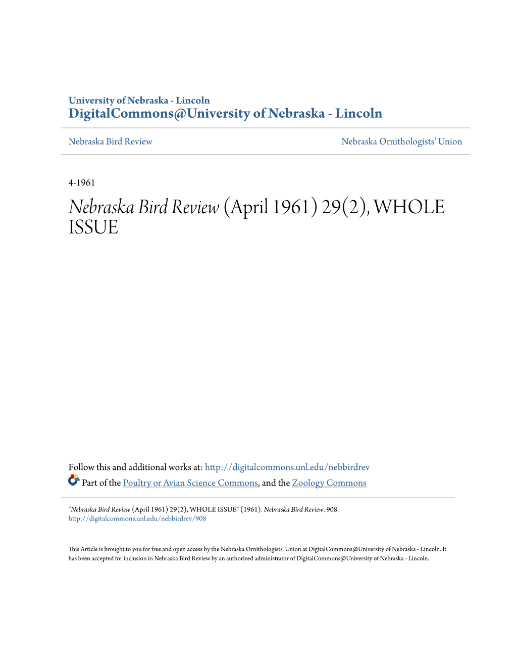 Nebraska Bird Review (April 1961) 29(2), WHOLE ISSUE