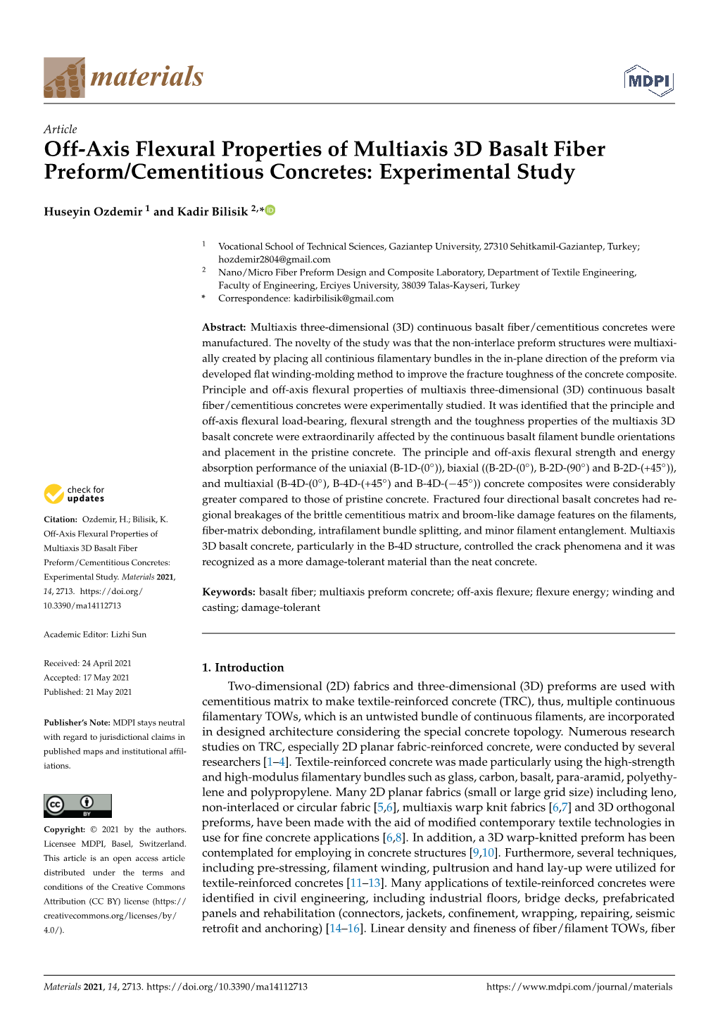 Off-Axis Flexural Properties of Multiaxis 3D Basalt Fiber Preform/Cementitious Concretes: Experimental Study