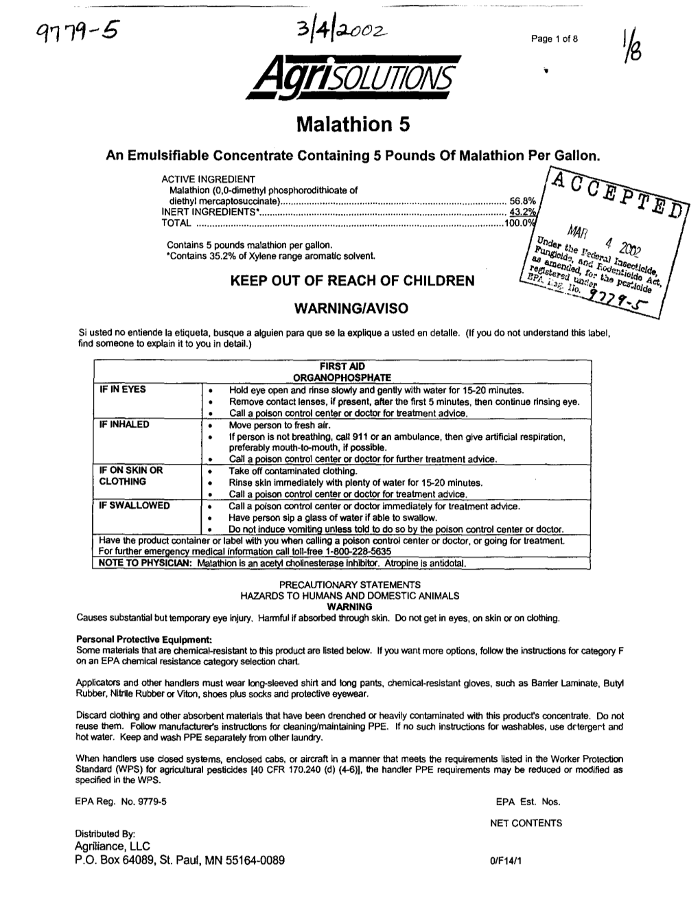 U.S. EPA, Pesticide Product Label, MALATHION 5, 03/04/2002