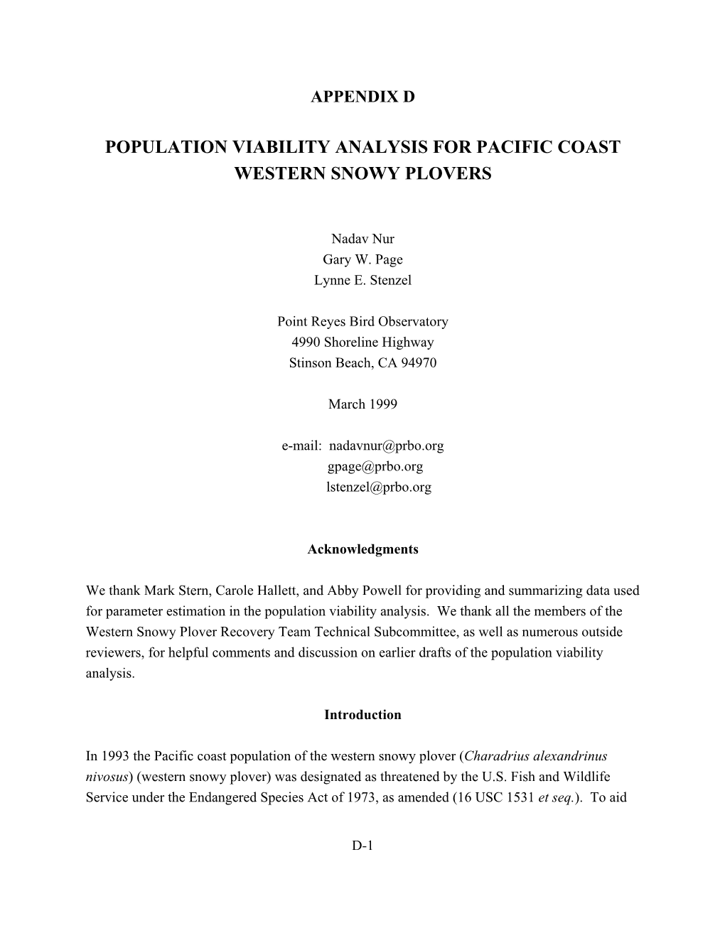 Population Viability Analysis for Pacific Coast Western Snowy Plovers