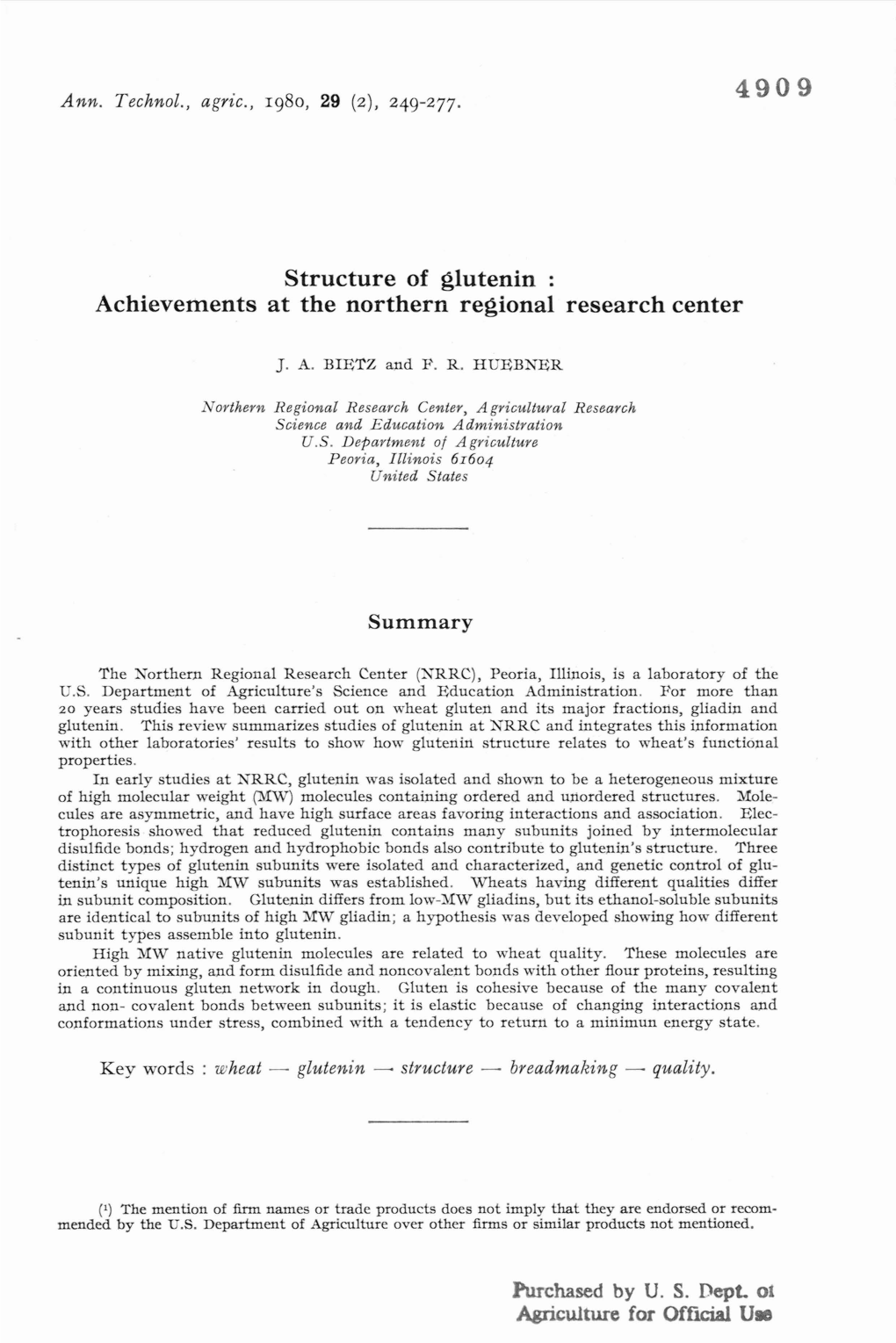 Structure of Glutenin : Achievements at the Northern Regional Research Center