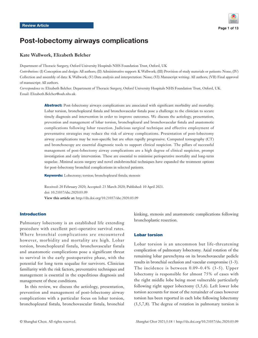 Post-Lobectomy Airways Complications